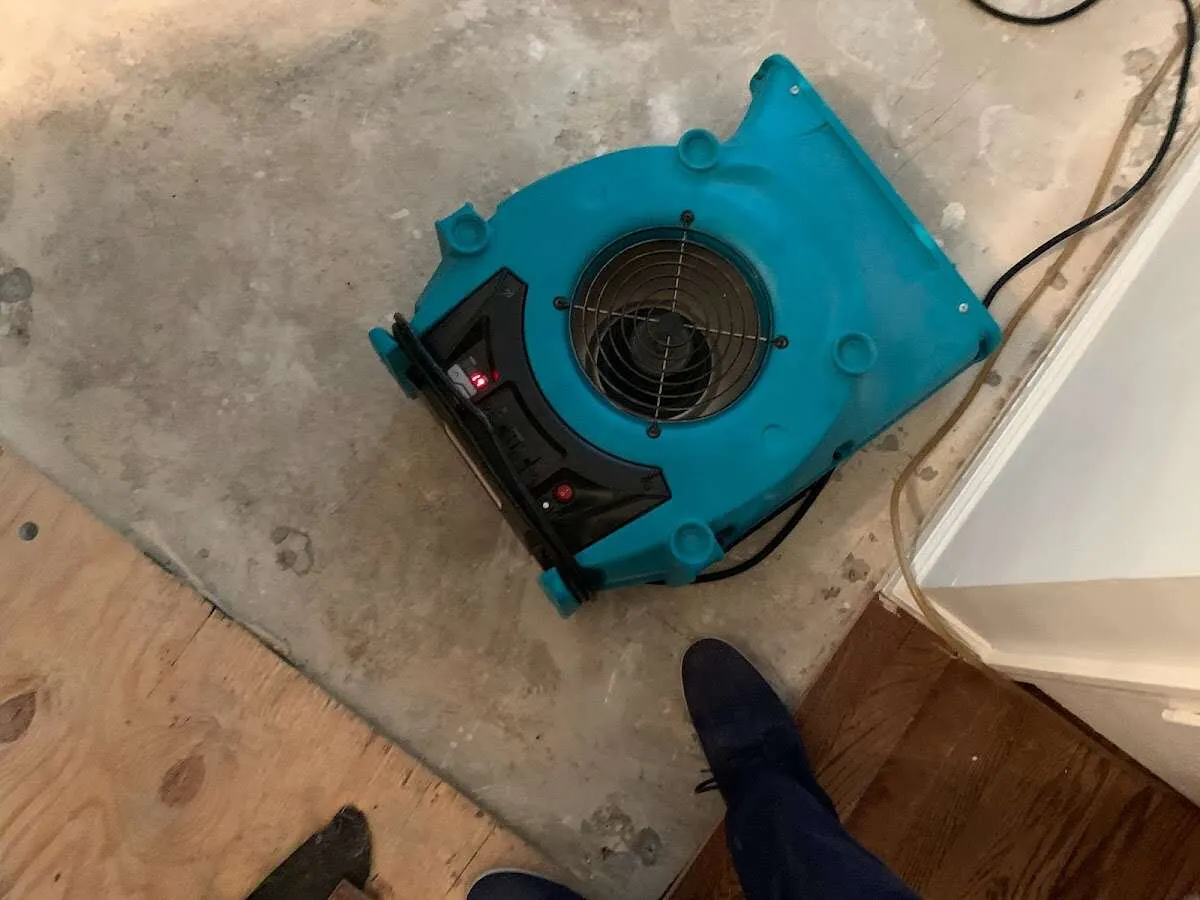 Air mover drying subfloor during Leak Detection & Repair in Windham